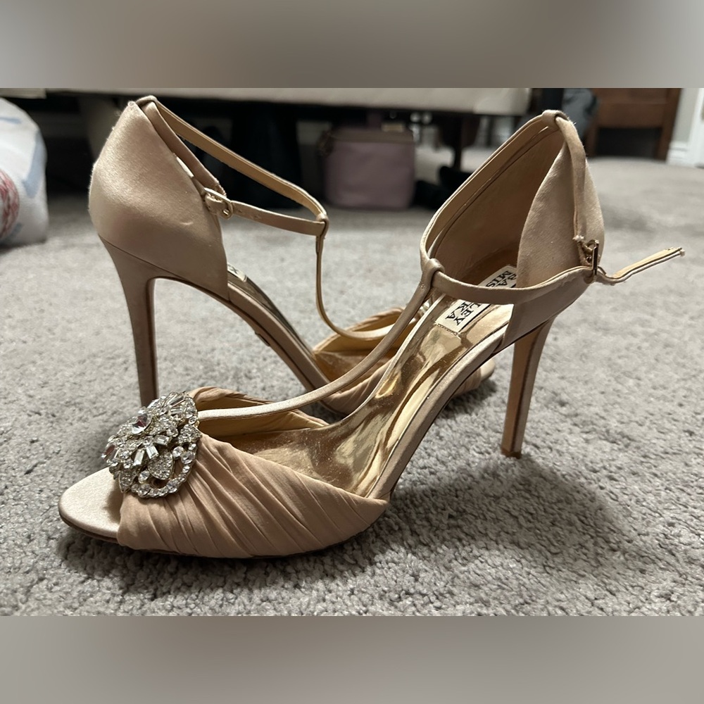Badgley Mischka Gold Satin Heels with Crystal Detail